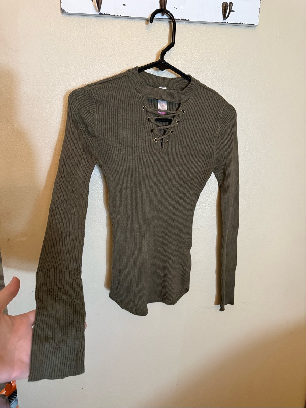 No Boundaries Olive Ribbed Lace-Up Long Sleeve Top